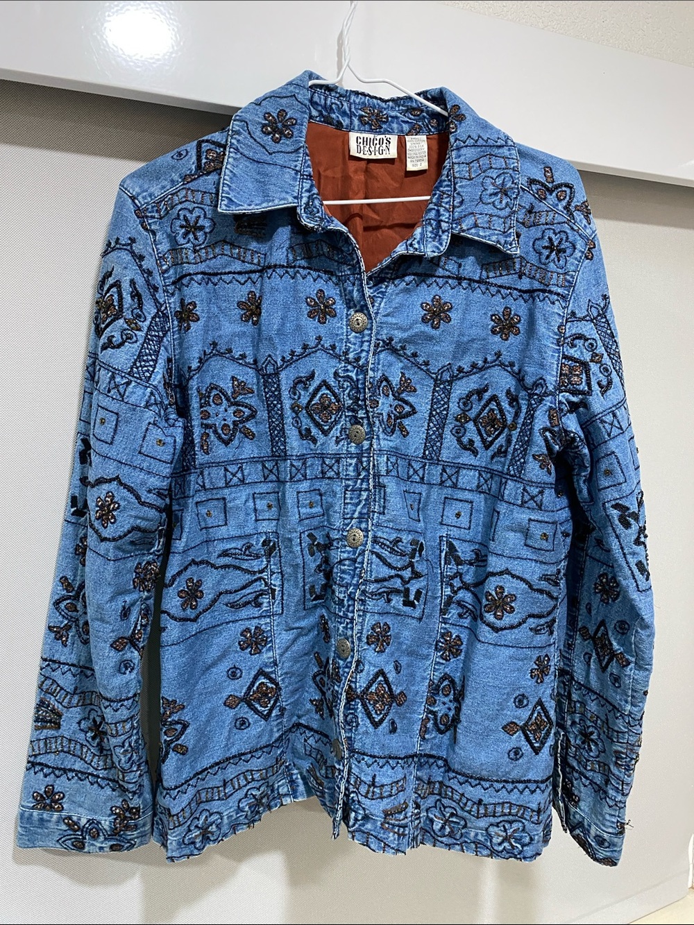 Chico's Light Blue Embroidered Denim Jacket with Brown Accents